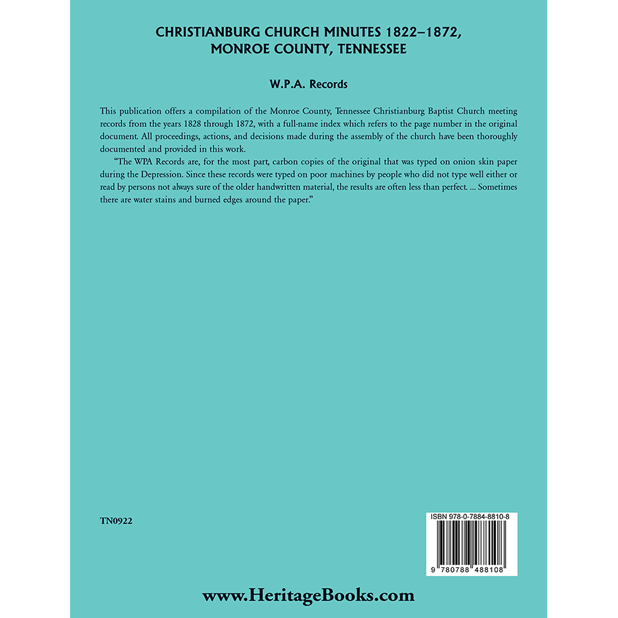 Christianburg Church Minutes, Monroe County, Tennessee, 1828-1872