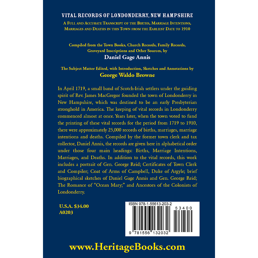 Vital Records of Londonderry, New Hampshire back cover
