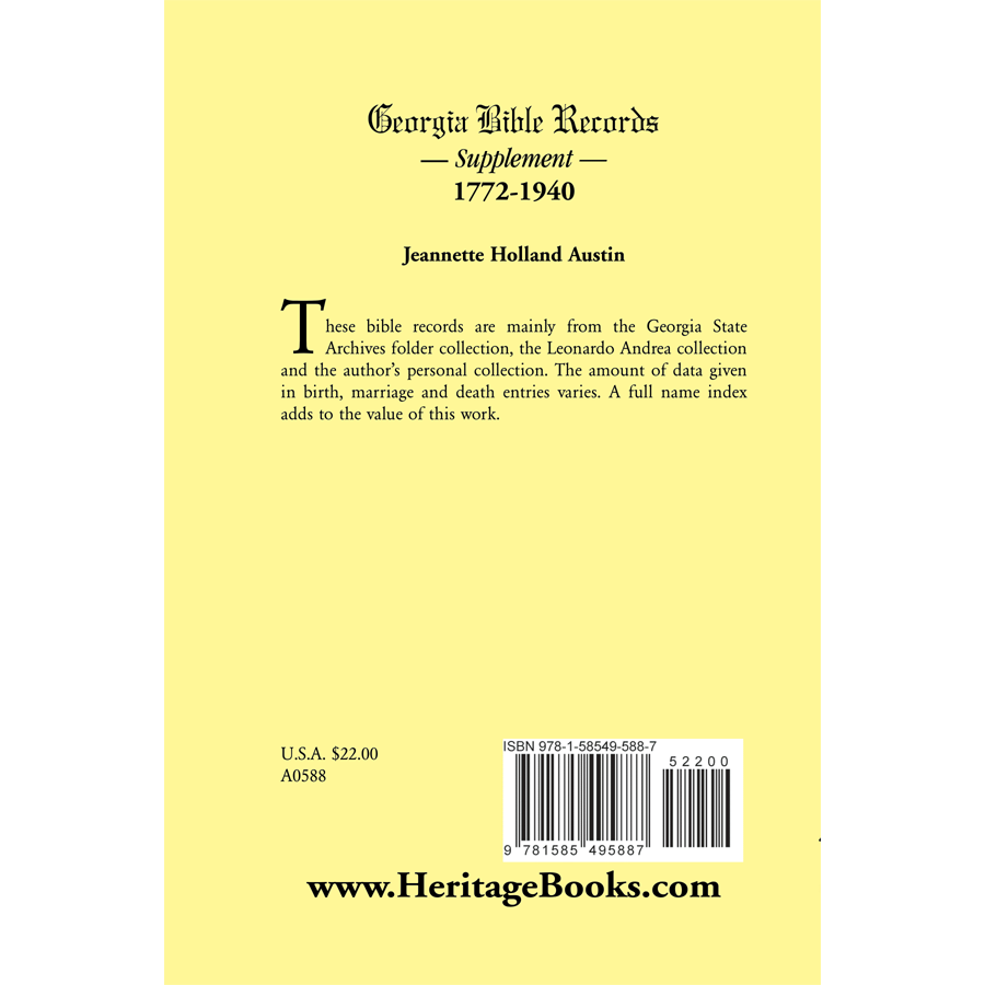 Georgia Bible Records, Supplement, 1772-1940 back cover