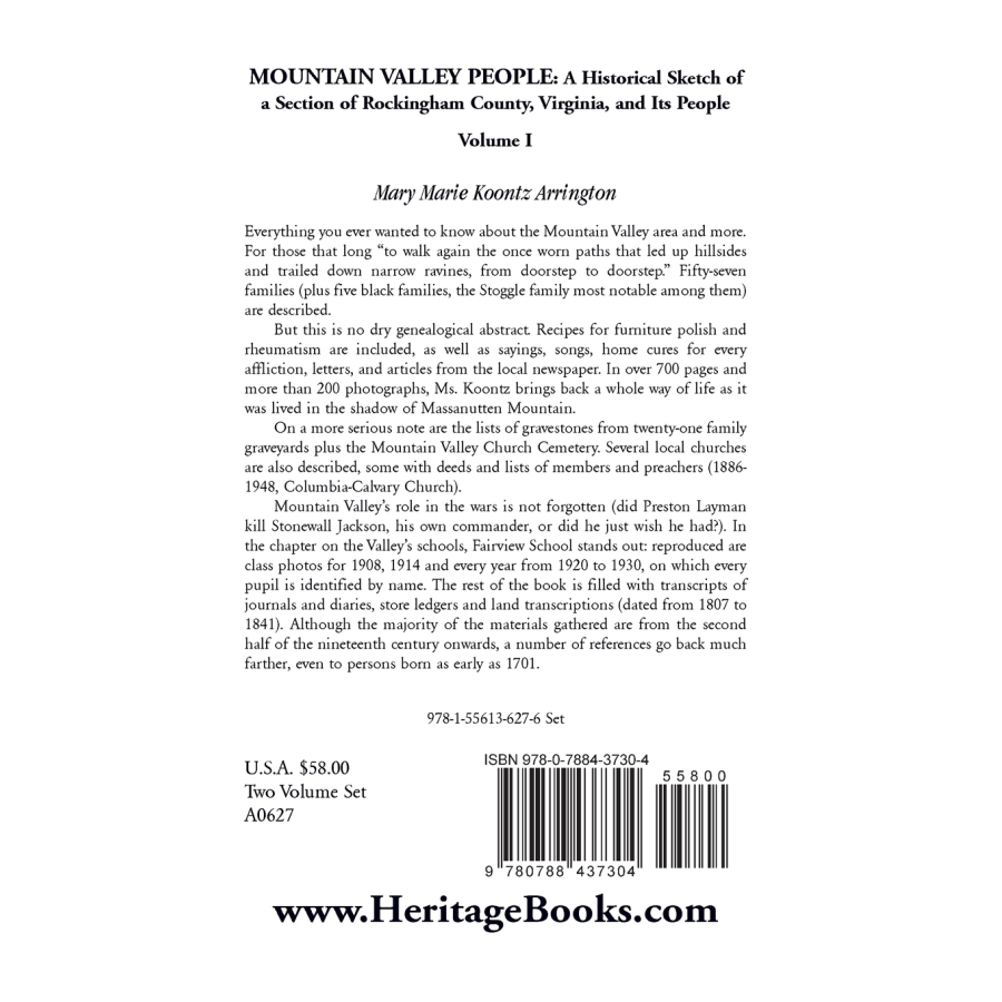 Mountain Valley People: A Historical Sketch of a Section of Rockingham County, Virginia and Its People, Volume I back cover