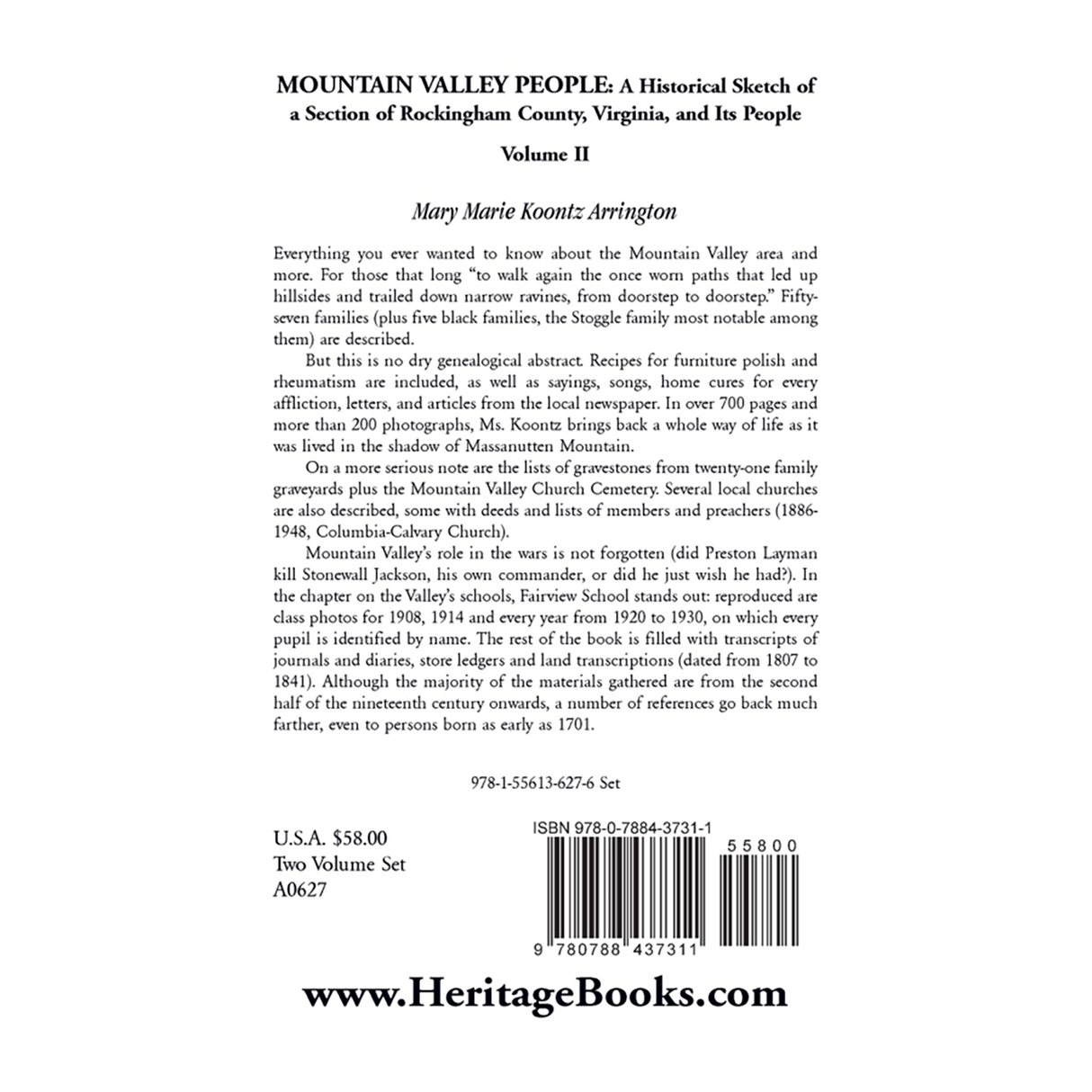 Mountain Valley People: A Historical Sketch of a Section of Rockingham County, Virginia and Its People, Volume II back cover