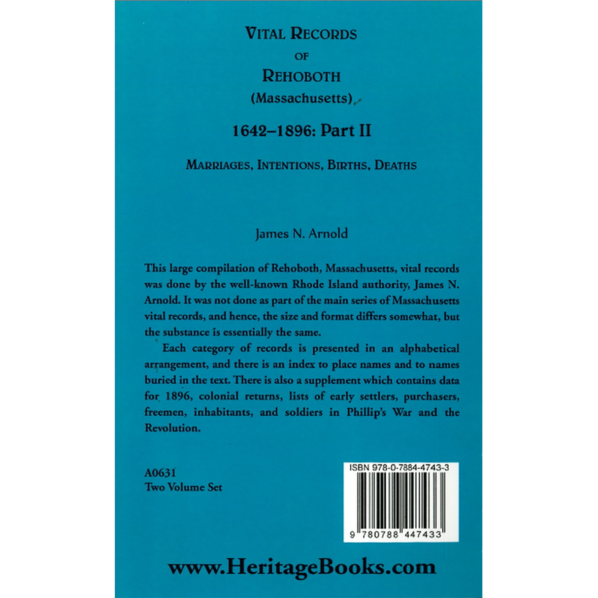 Vital Records of Rehoboth, 1642-1896 (Massachusetts): Marriages, Intentions, Births, Deaths, Part II back cover