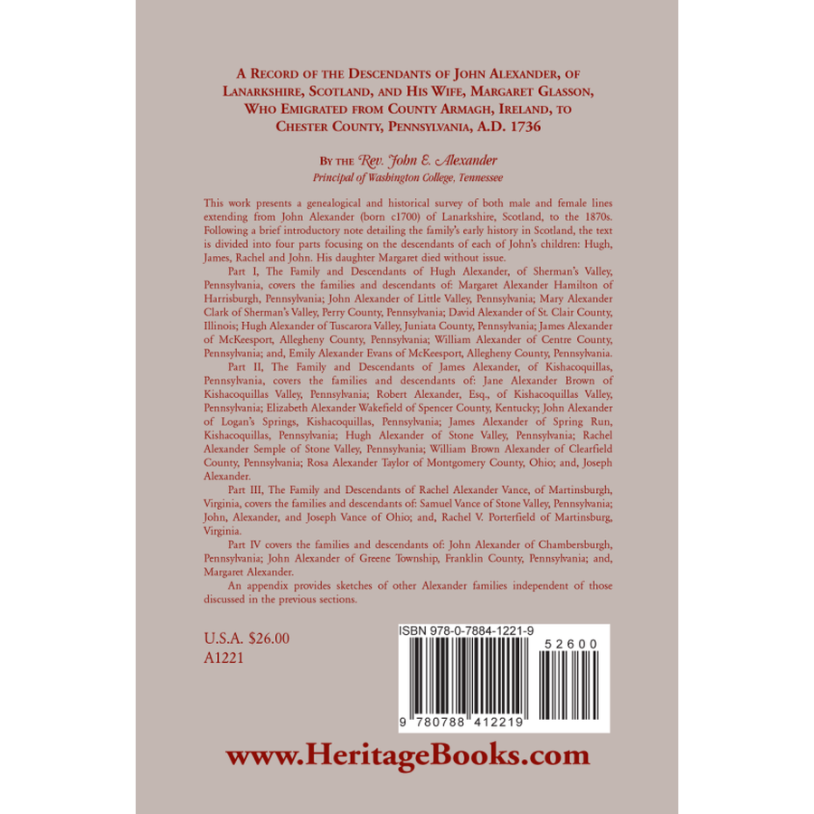 A Record of the Descendants of John Alexander of Lanarkshire, Scotland back cover