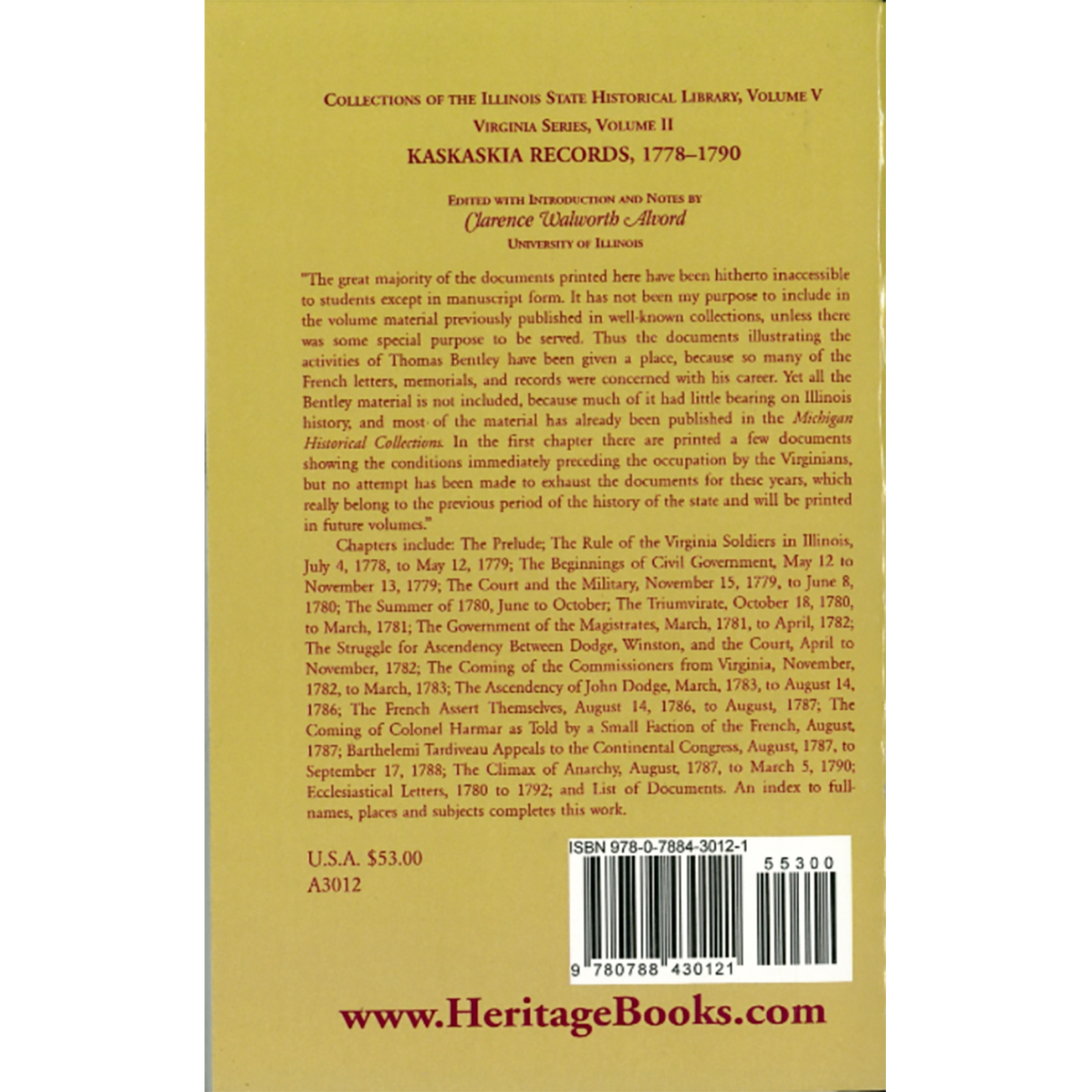 Collections of the Illinois State Historical Society, Vol 5, Virginia Series, Kaskaskia Records, 1778-1790 back cover