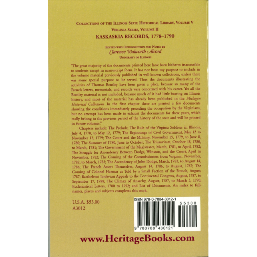Collections of the Illinois State Historical Society, Vol 5, Virginia Series, Kaskaskia Records, 1778-1790 back cover