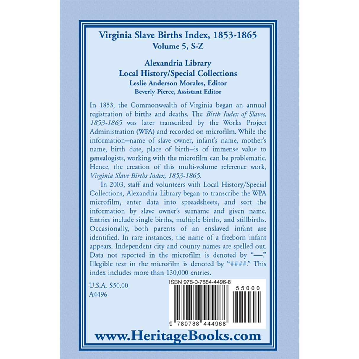 Virginia Slave Births Index, 1853-1865, Volume 5, S-Z back cover