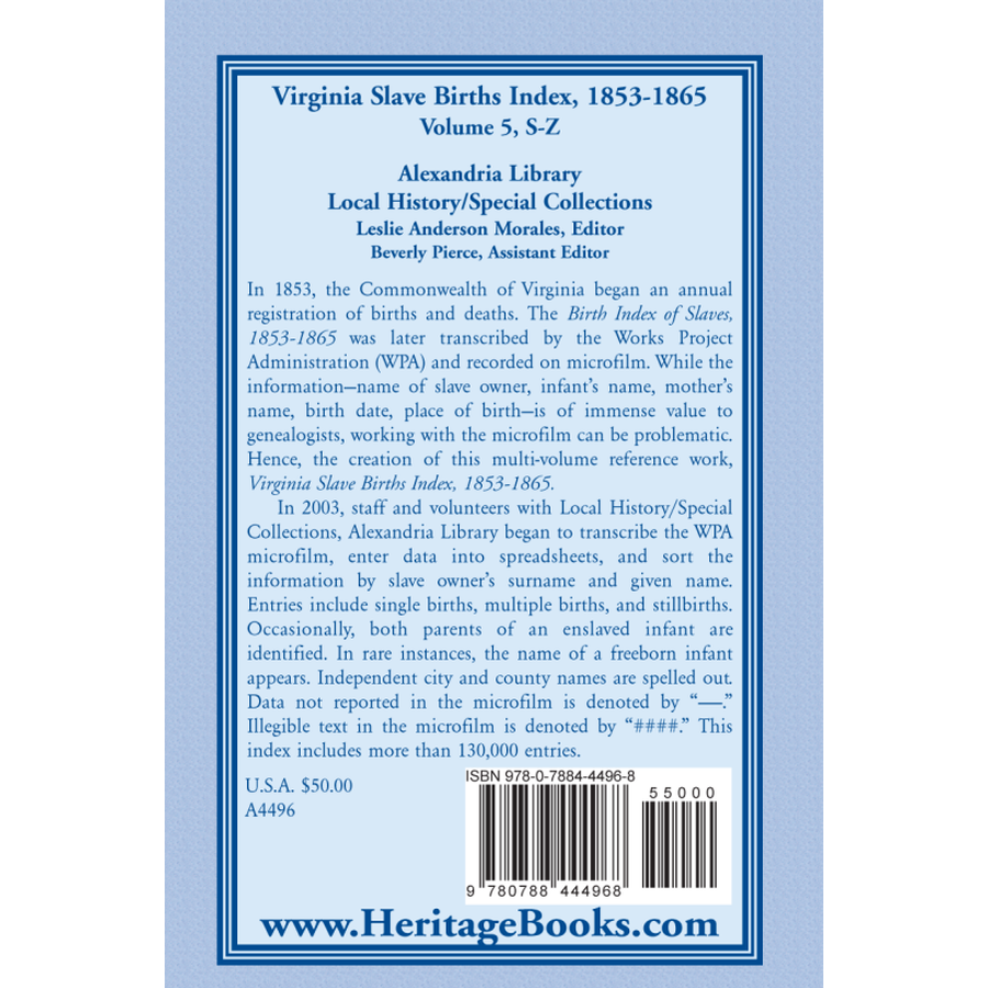 Virginia Slave Births Index, 1853-1865, Volume 5, S-Z back cover