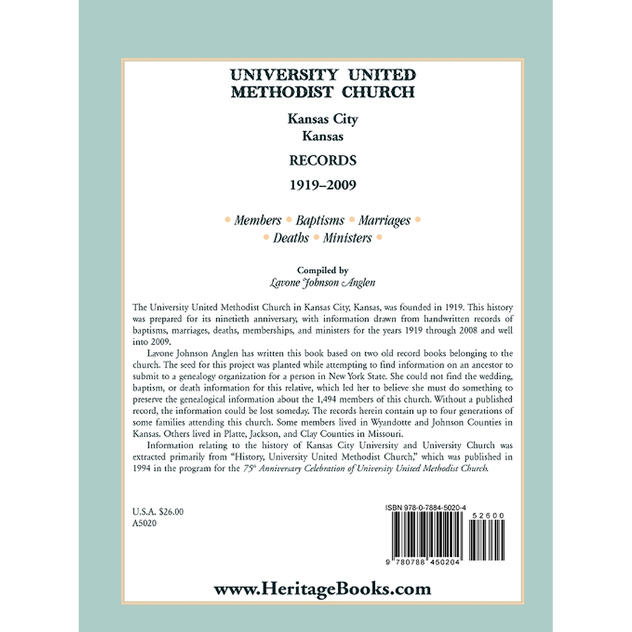 University United Methodist Church, Kansas City, Kansas Records, 1919-2009: Members, Baptisms, Marriages, Deaths, Ministers back cover