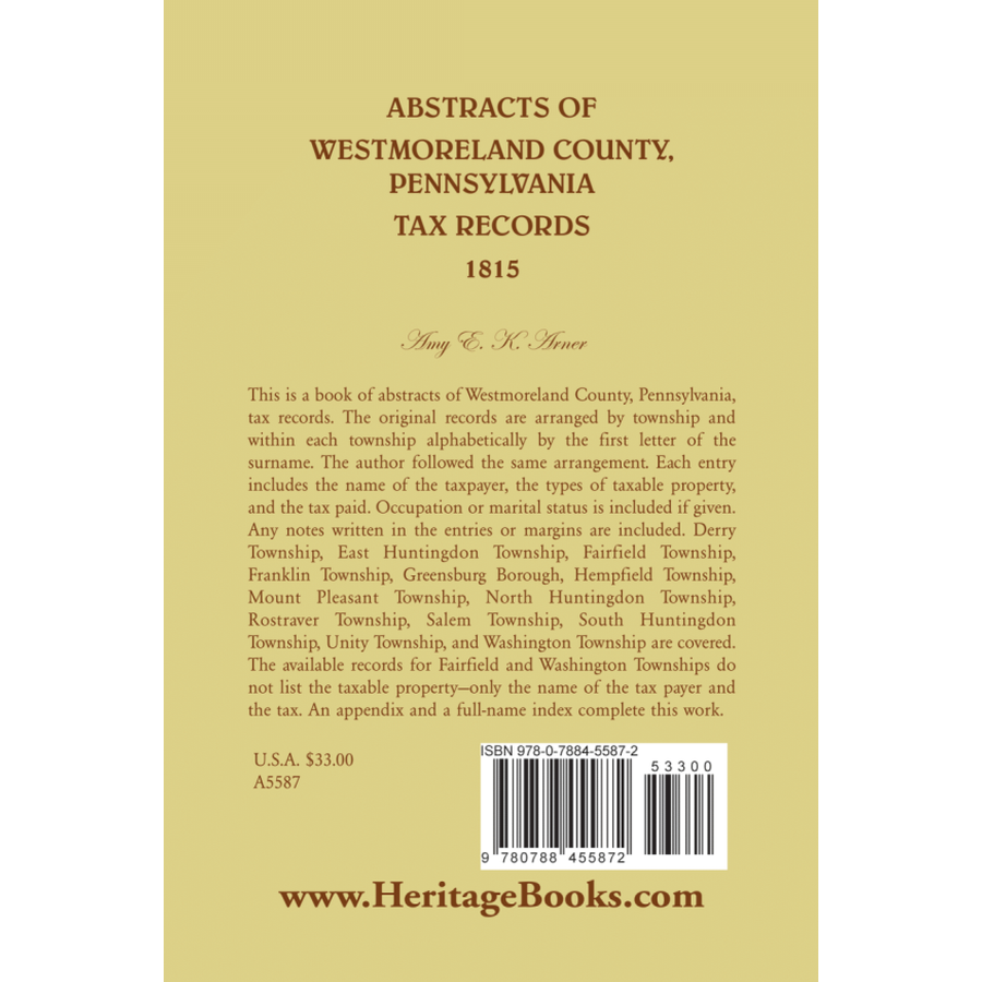 Abstracts of Westmoreland County, Pennsylvania, Tax Records 1815 back cover