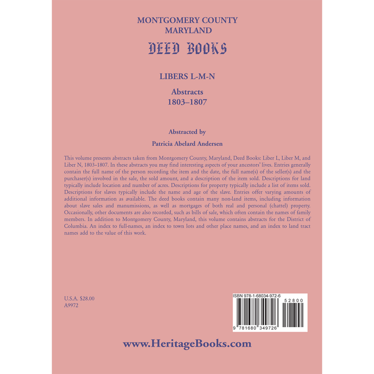 Montgomery County, Maryland Deed Books: Libers L-M-N Abstracts, 1803-1807 back cover