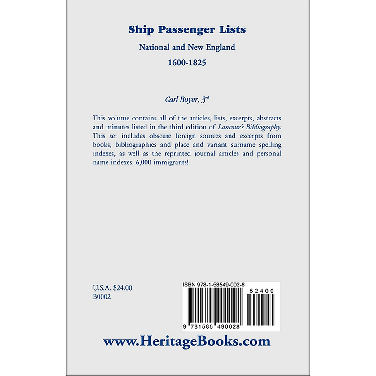 Ship Passenger Lists, National and New England, 1600-1825 back cover