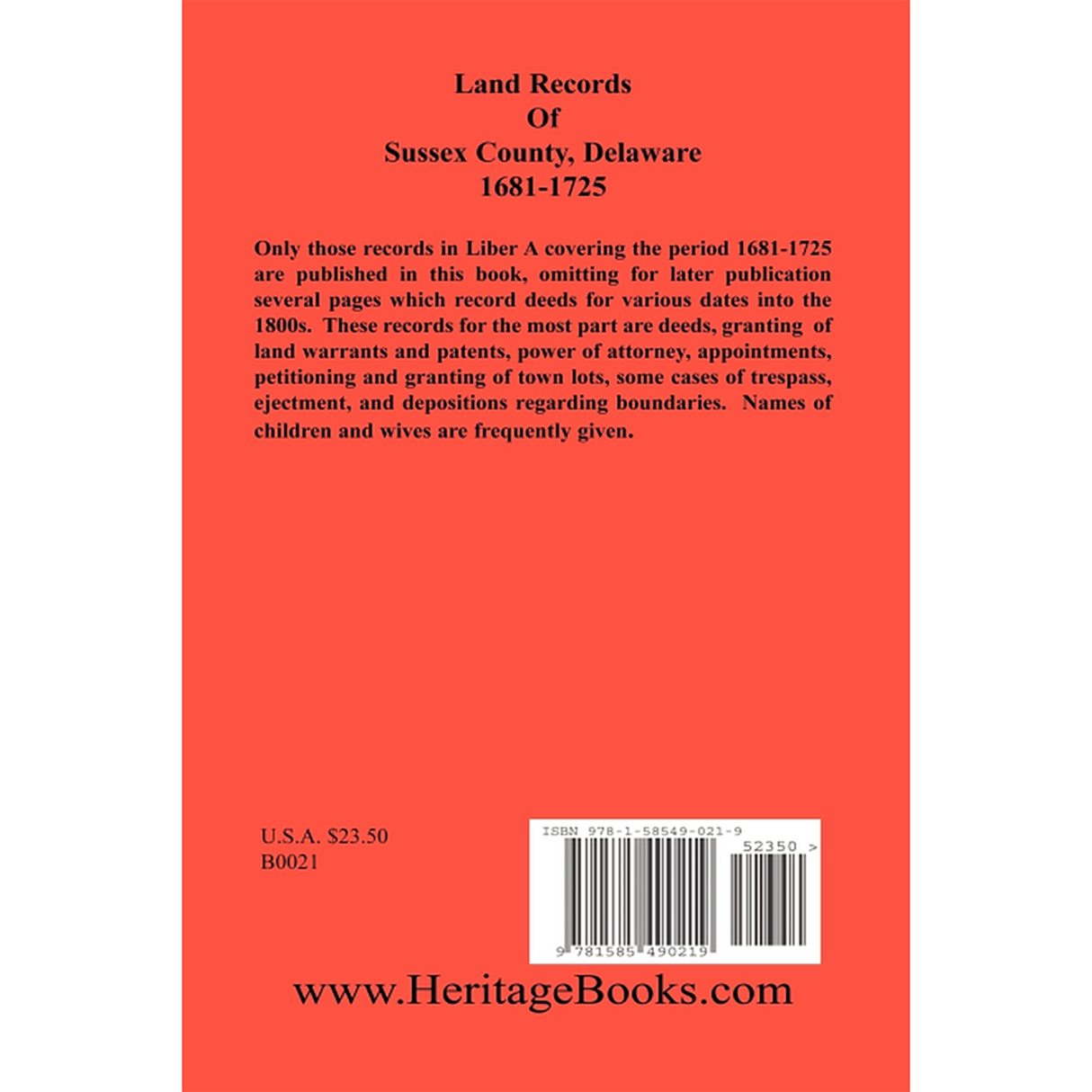 Land Records of Sussex County, Delaware, 1681-1725 back cover