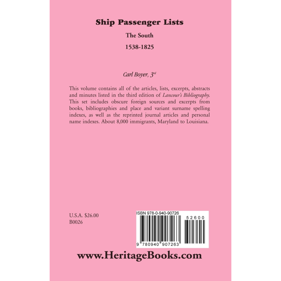 Ship Passenger Lists, The South, 1538-1825 back cover