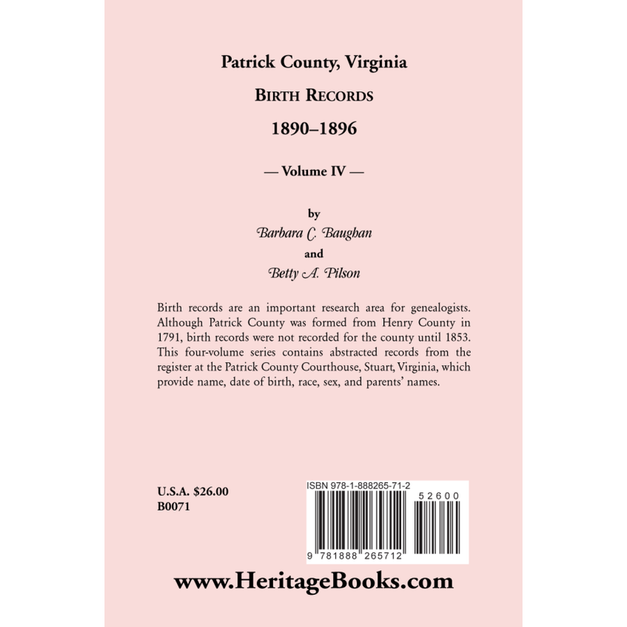 Patrick County, Virginia Birth Records 1890-1896 Volume IV back cover