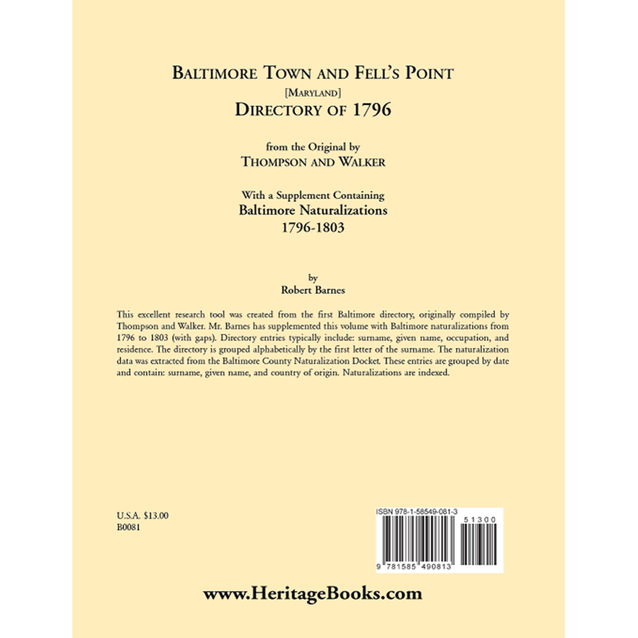 Baltimore and Fell's Point, Maryland Directory of 1796 back cover