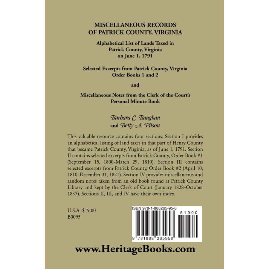 Miscellaneous Records of Patrick County, Virginia back cover