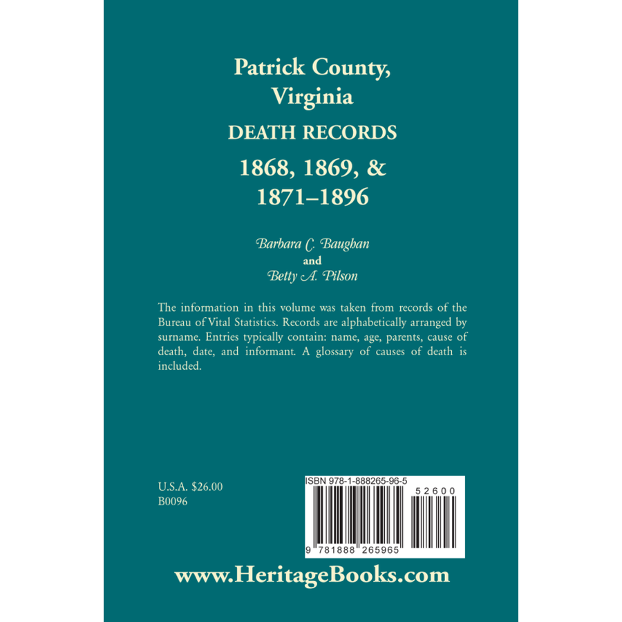 Patrick County, Virginia Death Records 1868, 1869, and 1871-1896 back cover