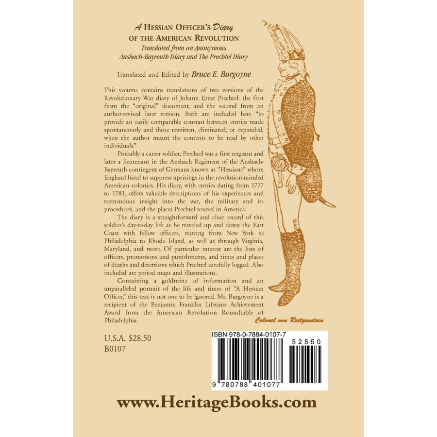 A Hessian Officer's Diary of the American Revolution Translated From An Anonymous Ansbach-Bayreuth Diary and The Prechtel Diary back cover