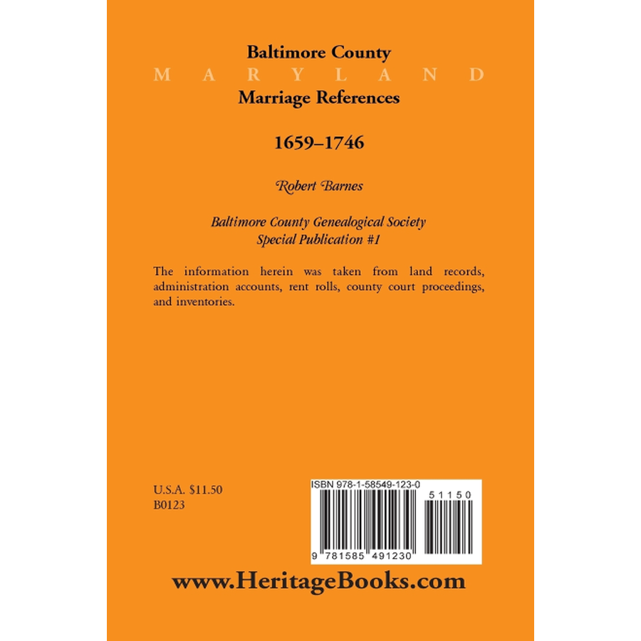 Baltimore County, Maryland Marriage References, 1659-1746 back cover
