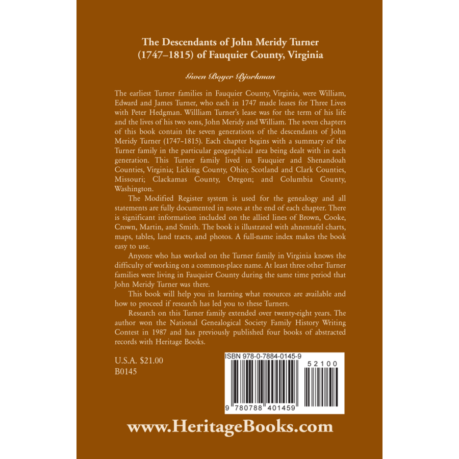 The Descendants of John Meridy Turner (1747-1815) of Fauquier County, Virginia back cover