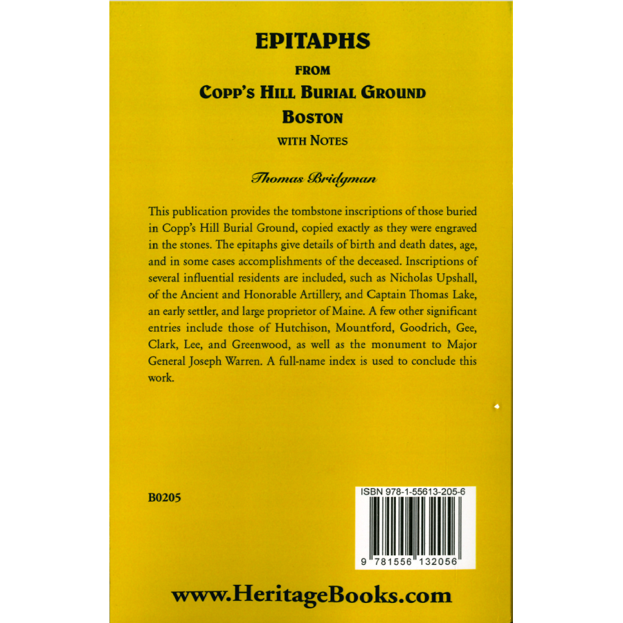Epitaphs from Copp's Hill Burial Ground, Boston with Notes back cover