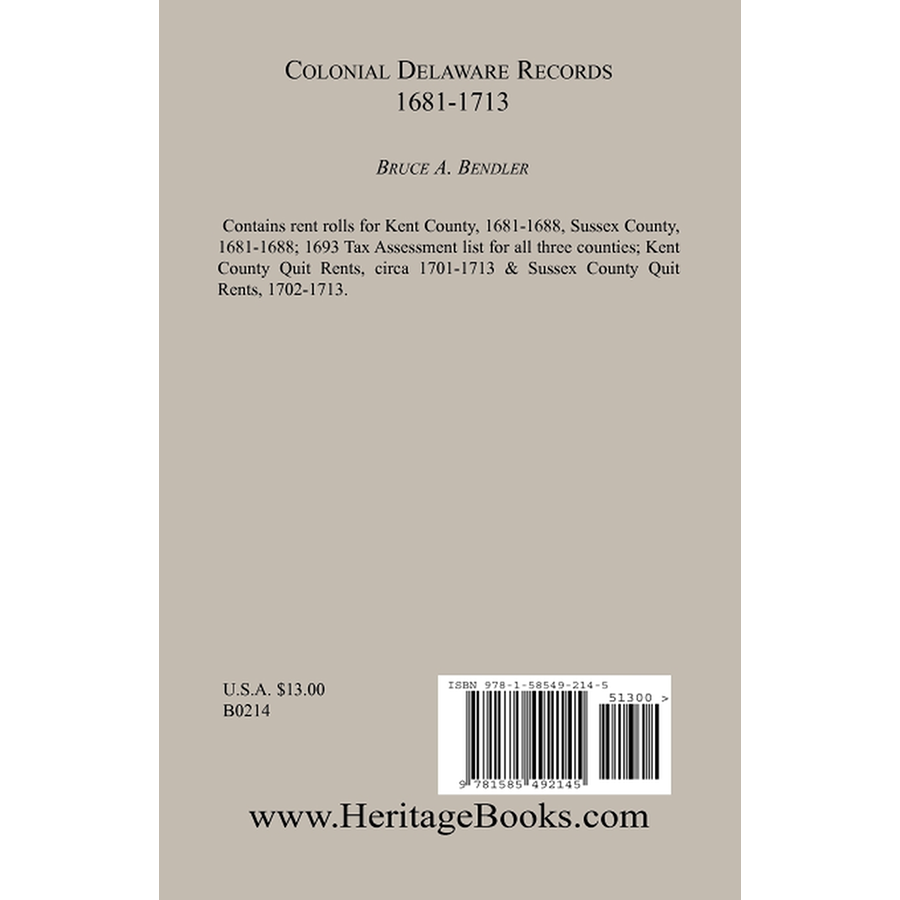 Colonial Delaware Records: 1681-1713 back cover
