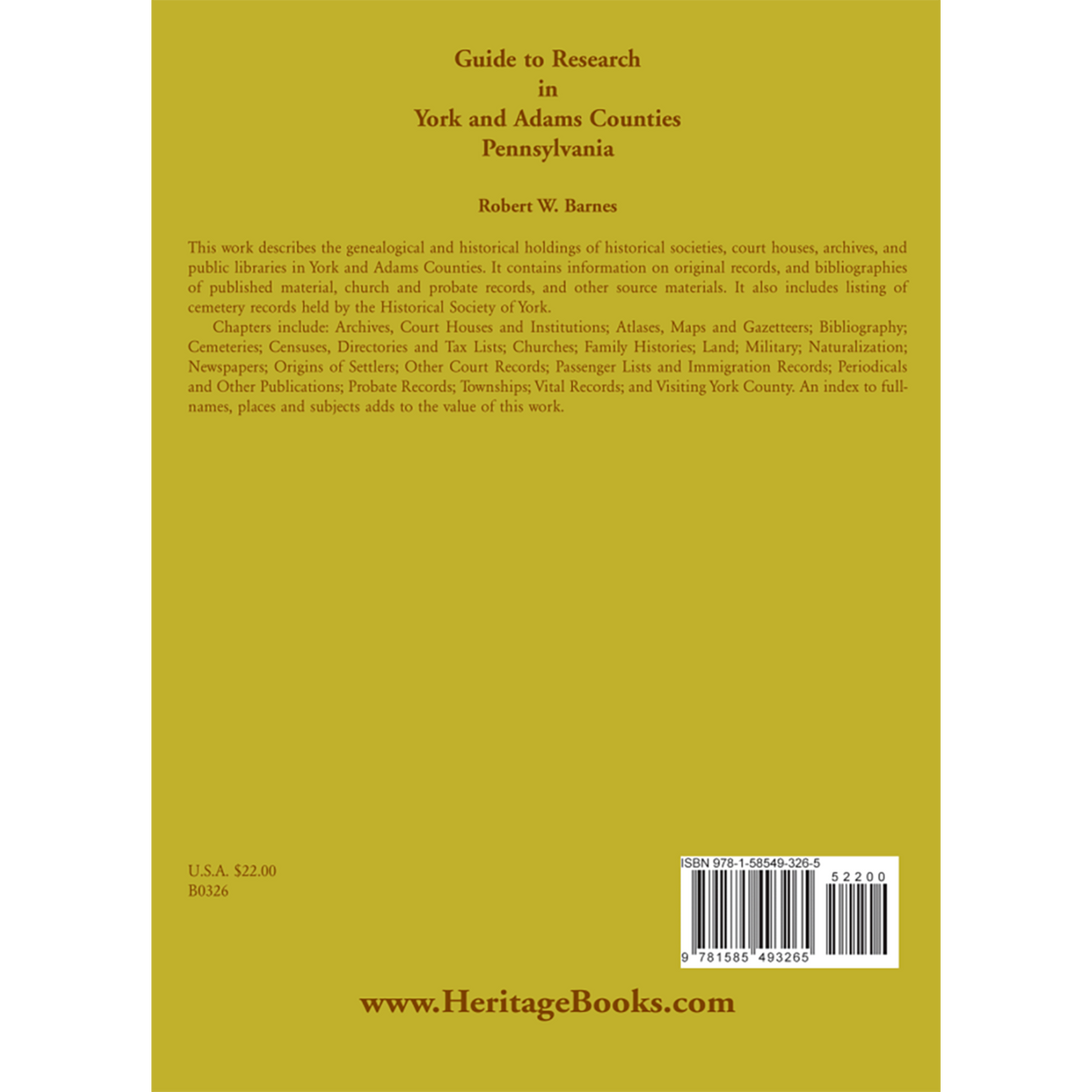 Guide to Research in York and Adams Counties, Pennsylvania back cover