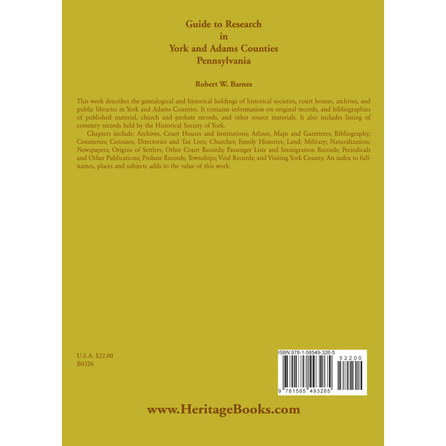 Guide to Research in York and Adams Counties, Pennsylvania back cover