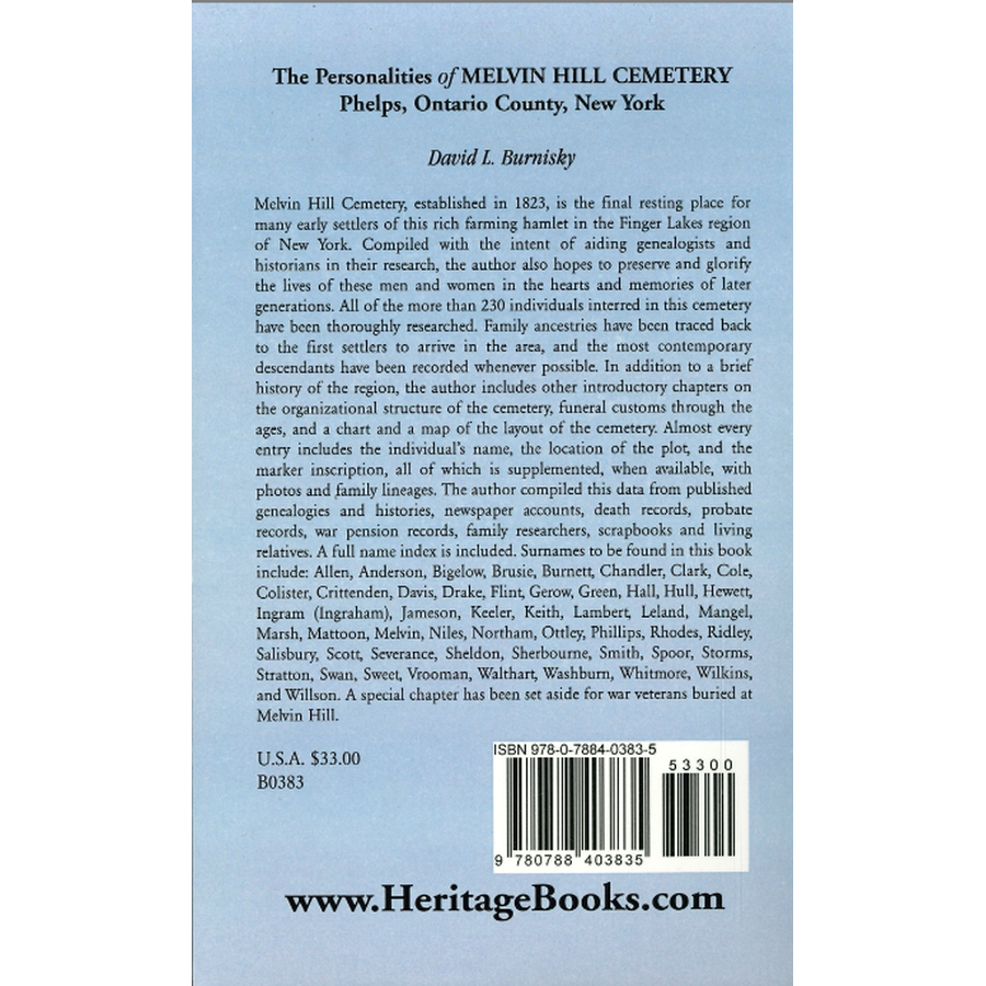 The Personalities of Melvin Hill Cemetery, Phelps, Ontario County, New York back cover