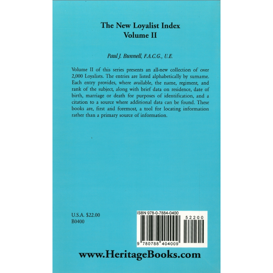The New Loyalist Index, Volume II back cover