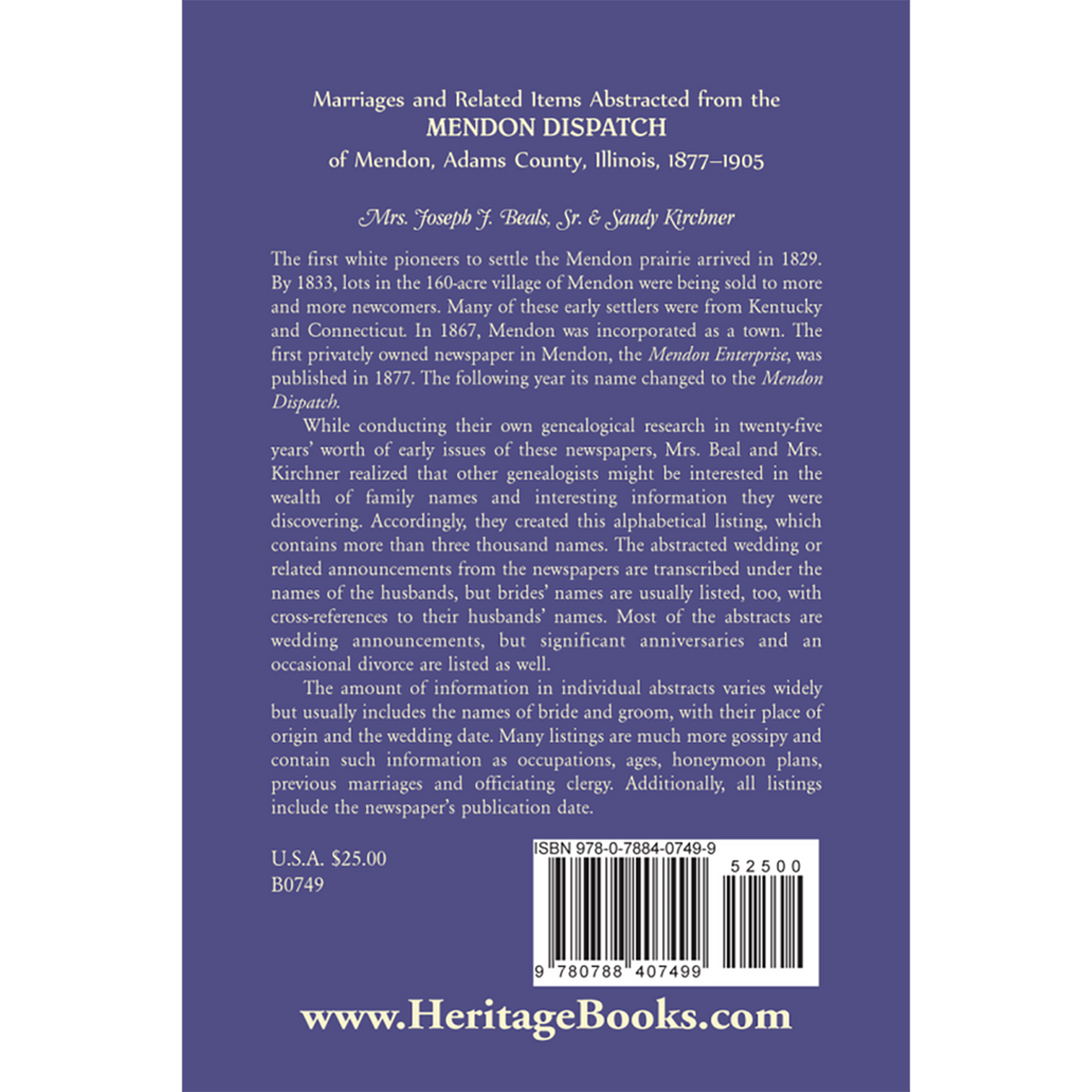 Marriages and Related Items Abstracted from the Mendon Dispatch of Mendon, Adams County, Illinois, 1877-1905 back cover