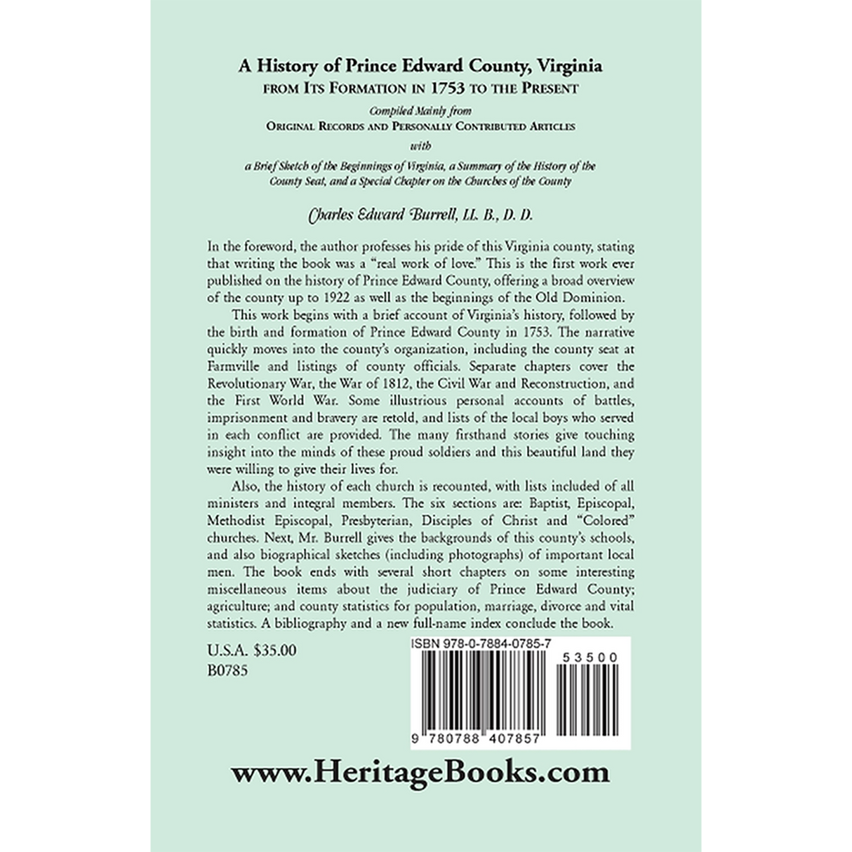 History of Prince Edward County, Virginia, From its Formation in 1753 to the Present back cover
