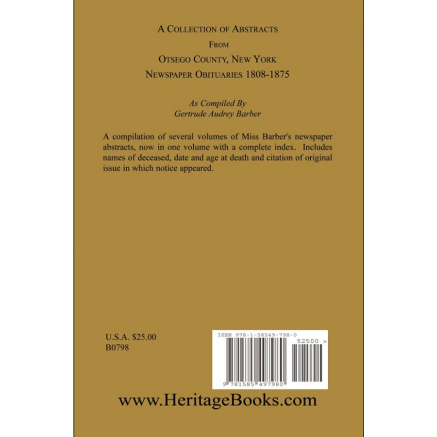 A Collection of Abstracts from Otsego County, New York, Newspaper Obituaries, 1808-1875 back cover
