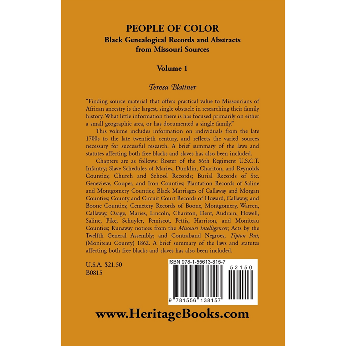 People of Color: Black Genealogical Records and Abstracts from Missouri Sources, Volume 1 back cover