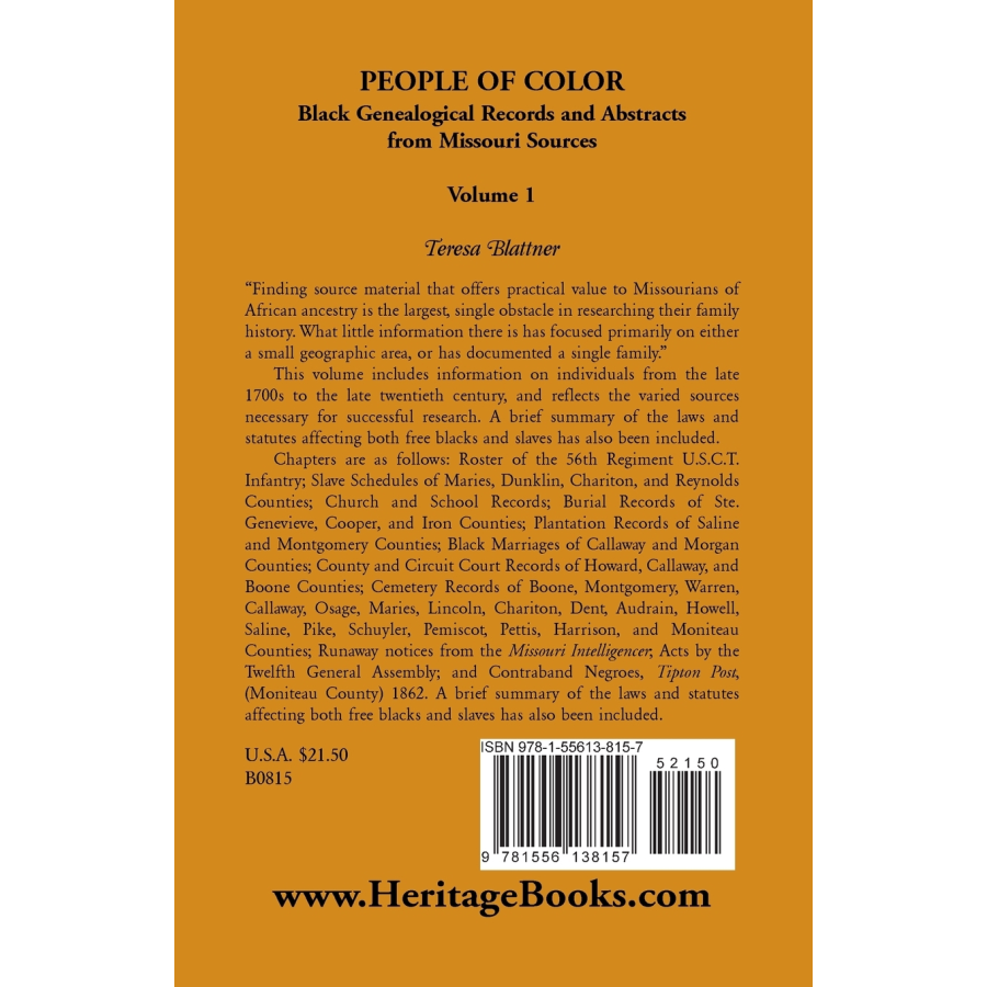 People of Color: Black Genealogical Records and Abstracts from Missouri Sources, Volume 1 back cover