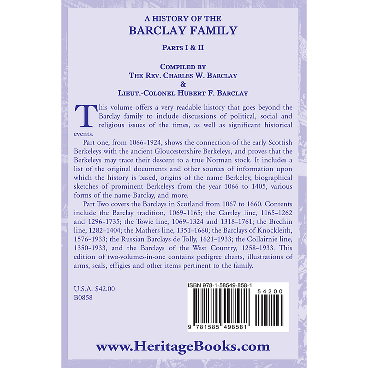 A History of the Barclay Family, Parts 1 and 2 back cover