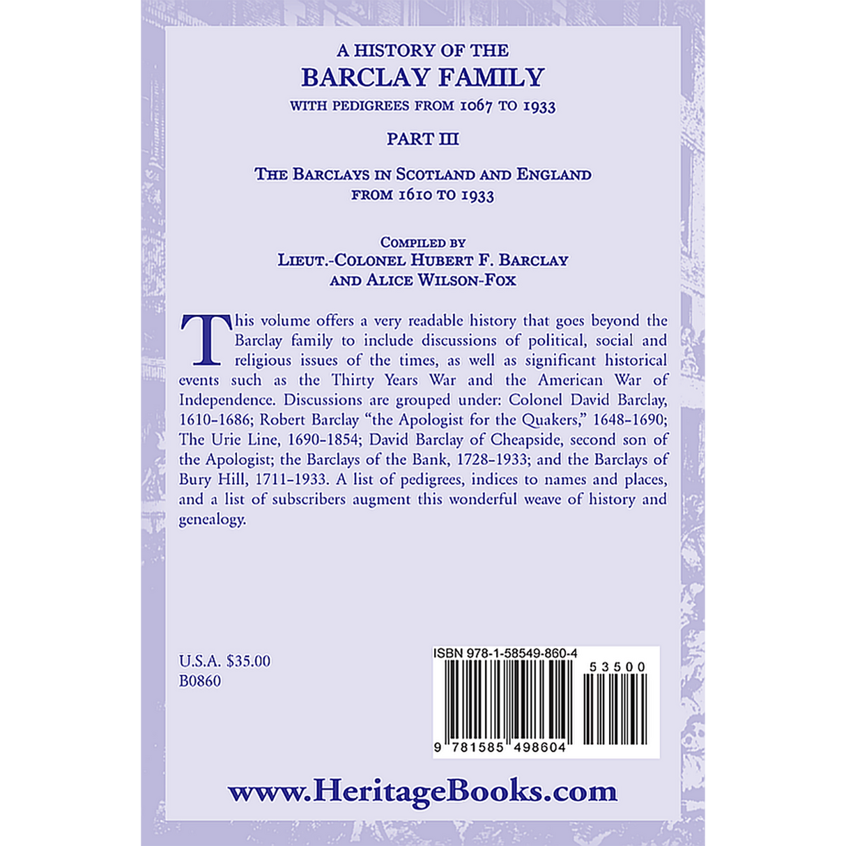 A History of the Barclay Family, with Pedigrees from 1067 to 1933, Part 3: The Barclays in Scotland and England from 1610 to 1933 back cover