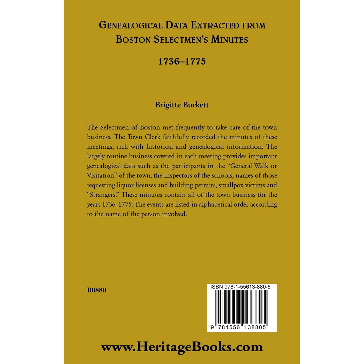 Genealogical Data Extracted from Boston Selectmen's Minutes, 1736-1775 back cover