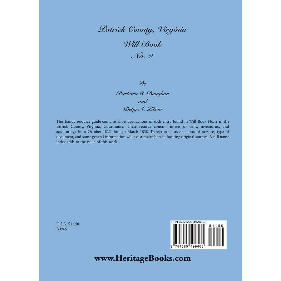 Patrick County, Virginia, Will Book, No. 2 back cover