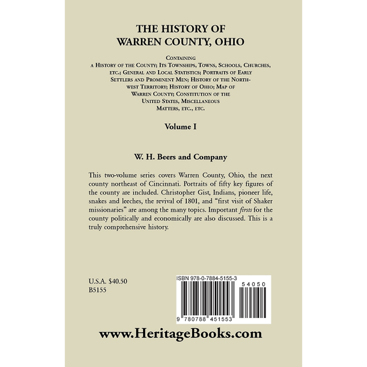The History of Warren County, Ohio, Containing a History of the County Volume 1 back cover