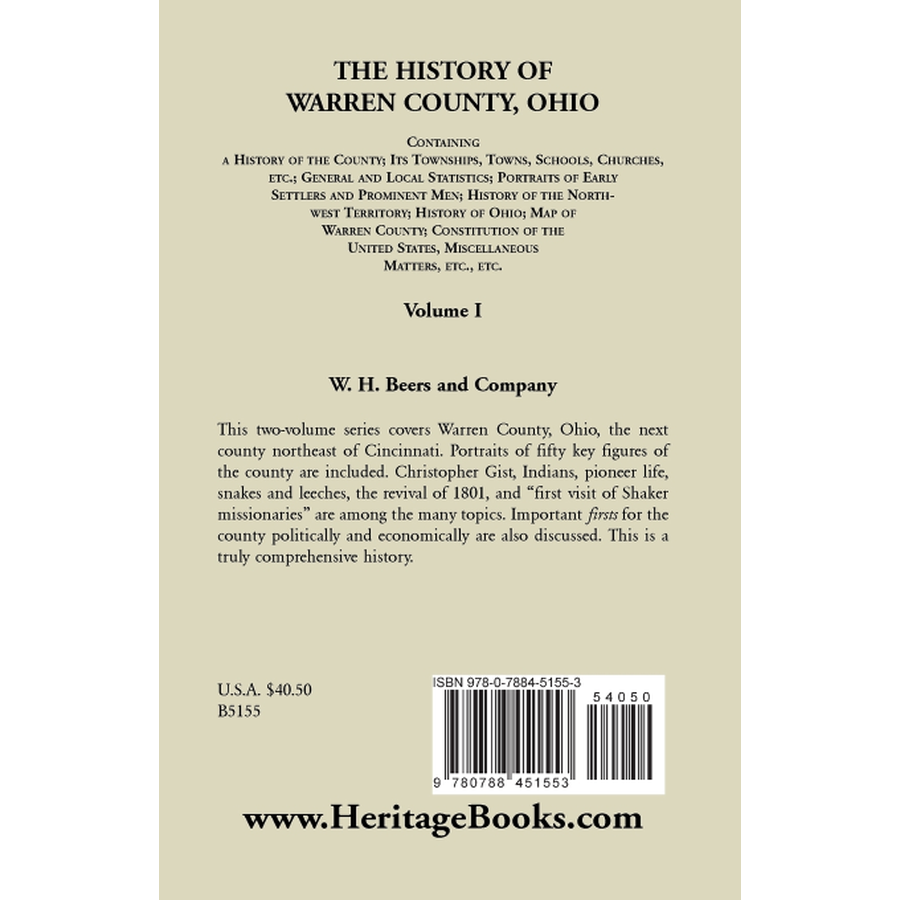 The History of Warren County, Ohio, Containing a History of the County Volume 1 back cover