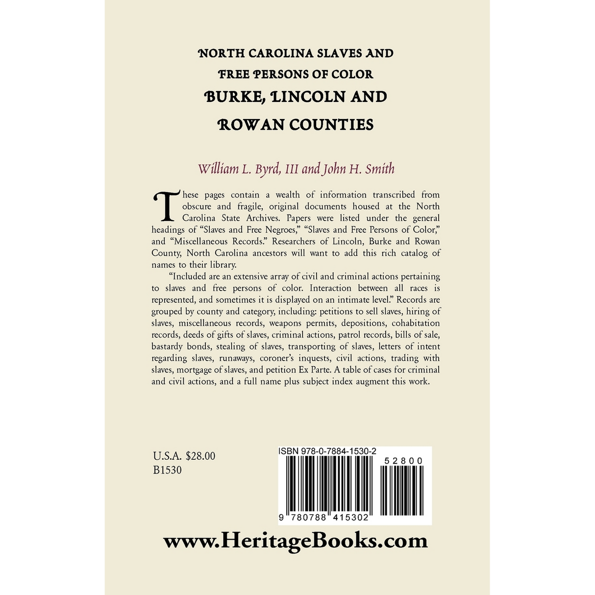 North Carolina Slaves and Free Persons of Color: Burke, Lincoln, and Rowan Counties back cover