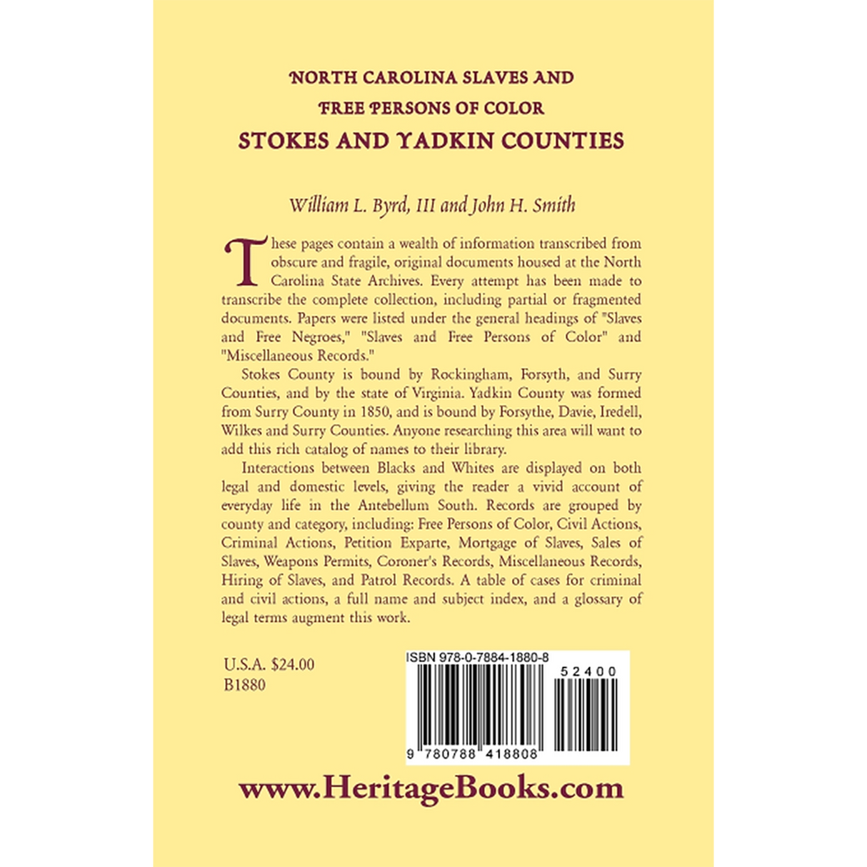 North Carolina Slaves and Free Persons of Color: Stokes and Yadkin Counties back cover