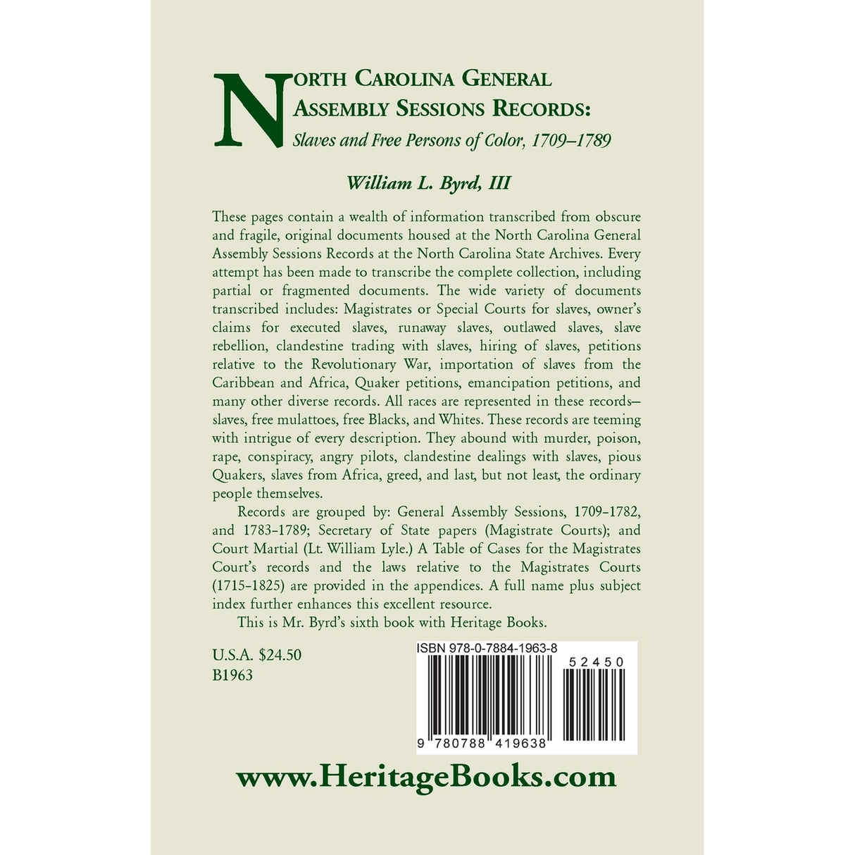 North Carolina General Assembly Sessions Records: Slaves and Free Persons of Color, 1709-1789 back cover