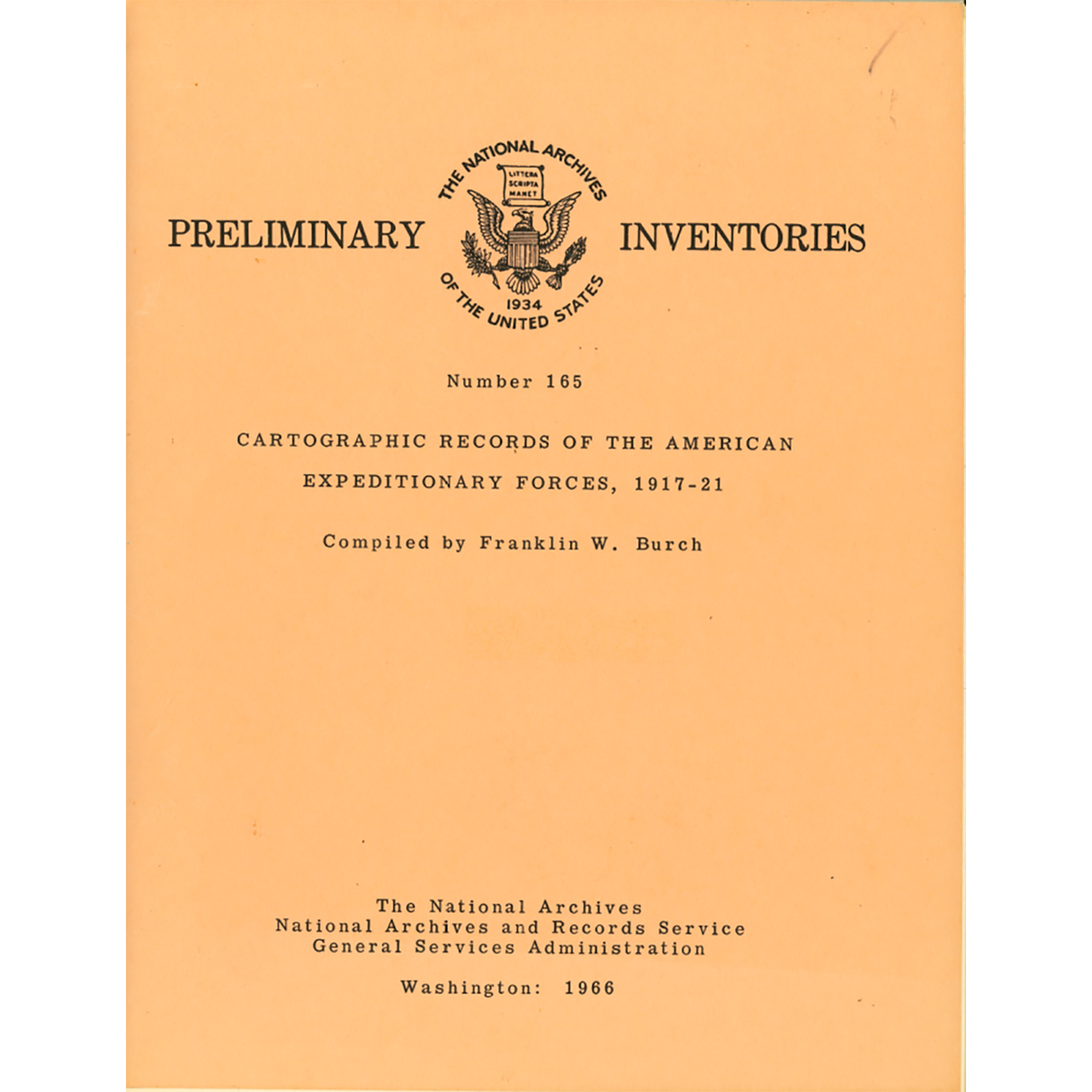 Preliminary Inventory No. 165, Cartographic Records of the American Expeditionary Forces, 1917-21, Record Group 120