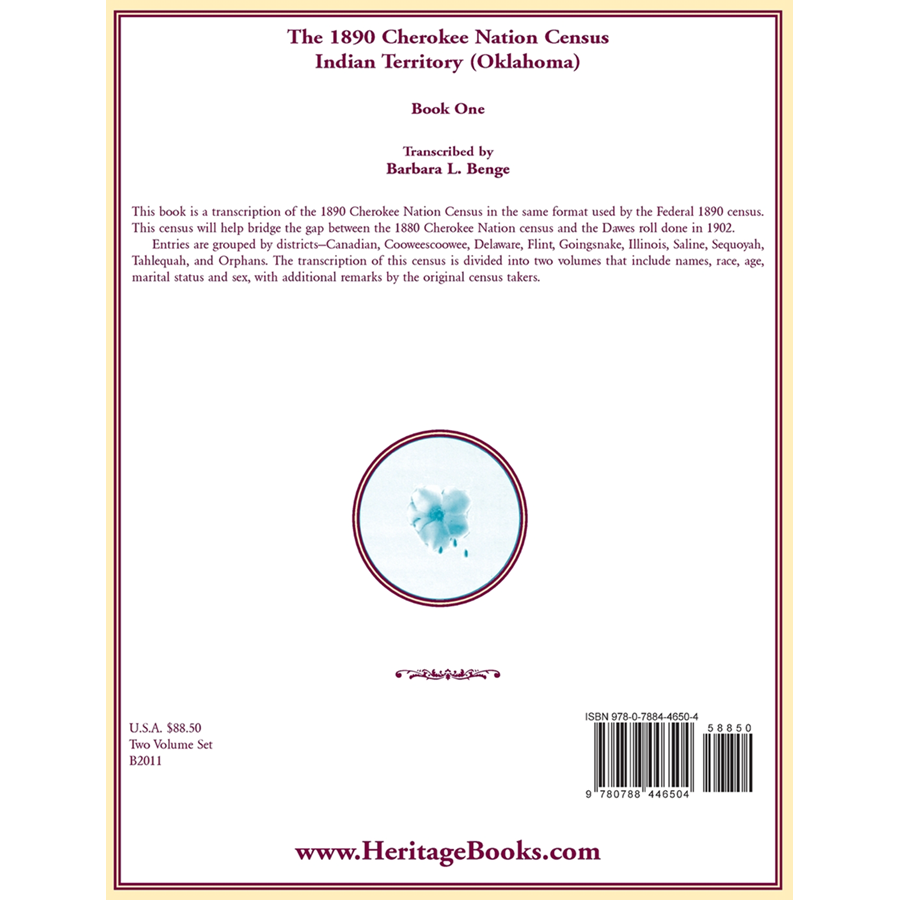 1890 Cherokee Nation Census, Indian Territory (Oklahoma) volume 1 back cover