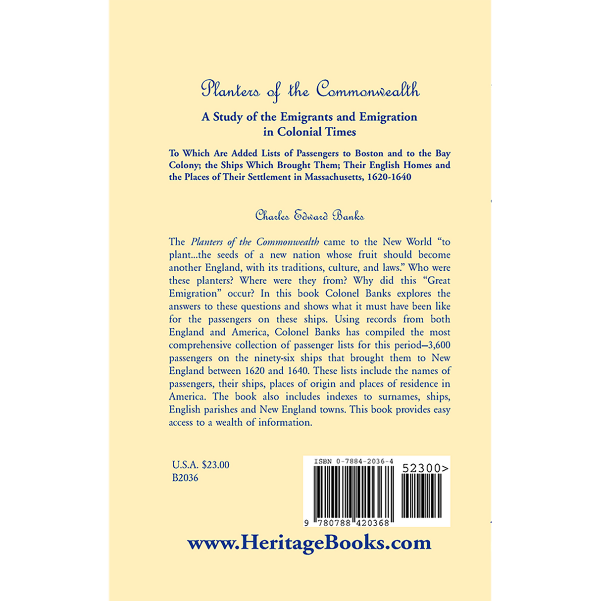Planters of the Commonwealth: A Study of the Emigrants and Emigration in Colonial Times back cover