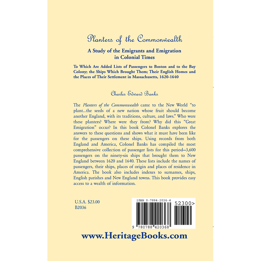 Planters of the Commonwealth: A Study of the Emigrants and Emigration in Colonial Times back cover