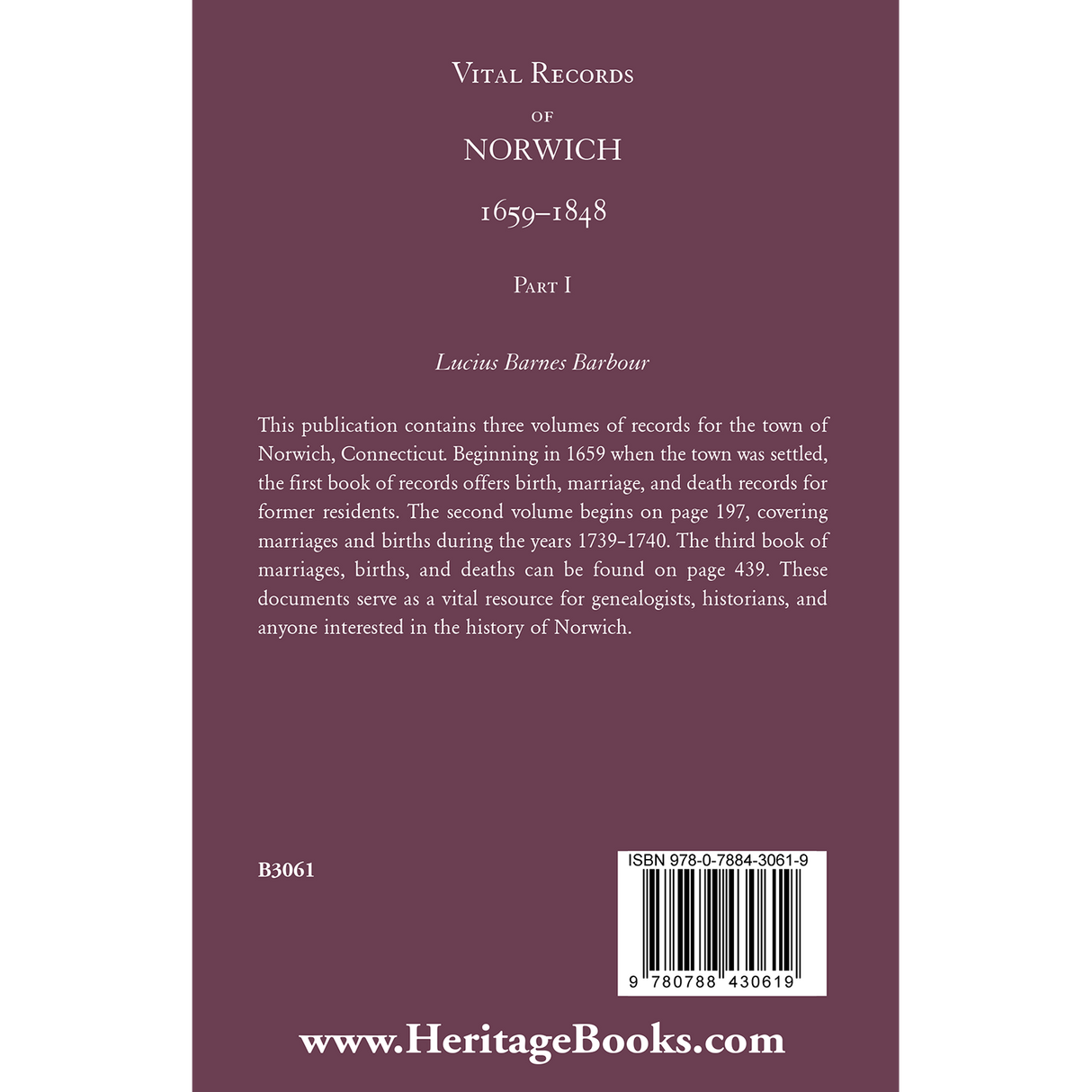 Vital Records of Norwich, 1659-1848, Part I back cover