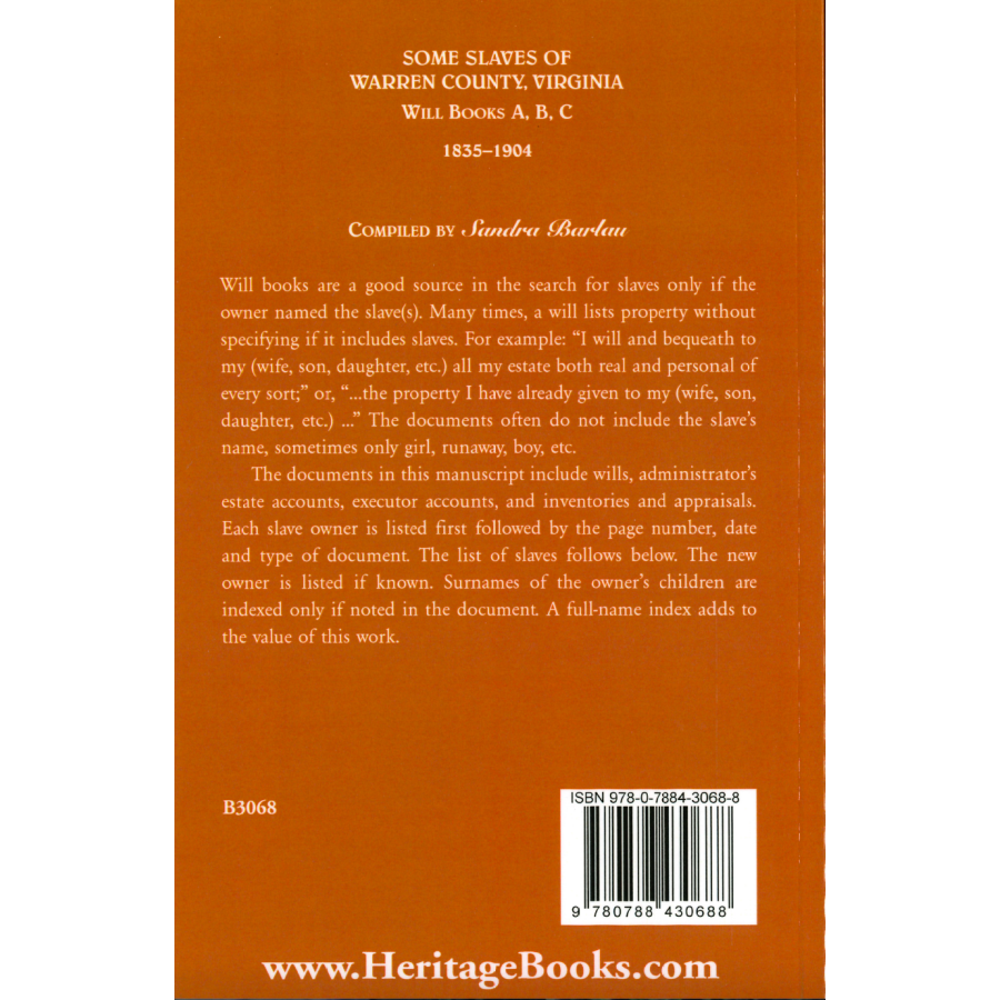 Some Slaves of Warren County, Virginia: Will Book A, B, C, 1835-1904 back cover